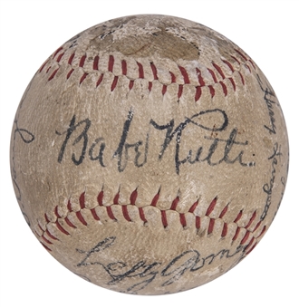 Circa 1930s Baseball Legends Multi-Signed Youth Baseball With 19 Signatures Including Babe Ruth, Lou Gehrig, Pie Traynor, Dizzy Dean and More! (JSA)